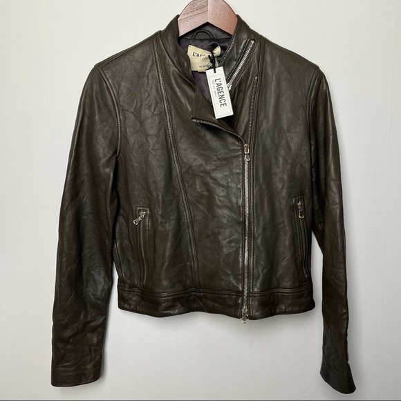 NWT L'Agence Devon Lamb Leather Stand Collar Walnut Moto Jacket Size 6 - Picture 2 of 9